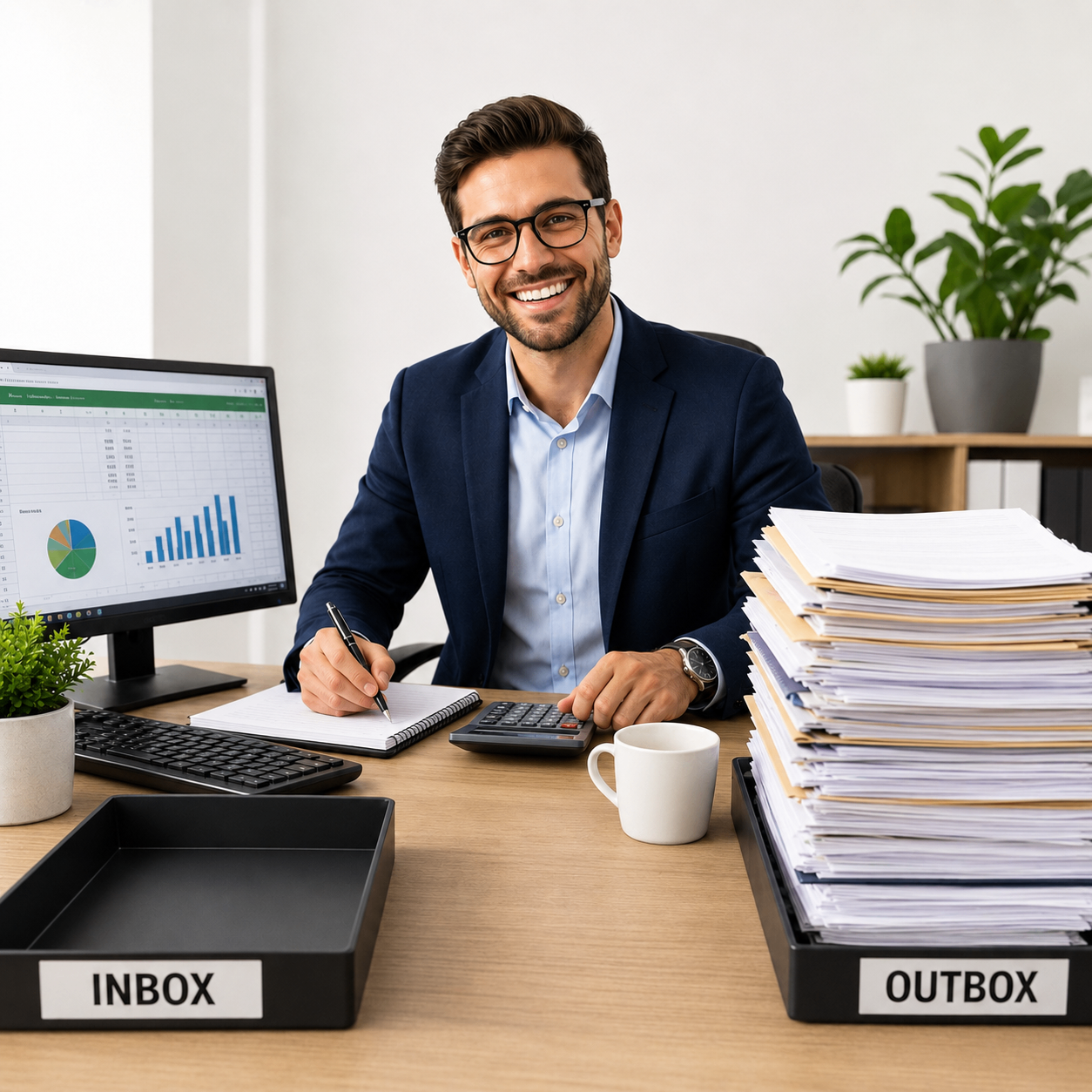 A smiling man in a suit sits at a desk with a calculator, notebook, spreadsheet on a monitor, an empty inbox tray, and an outbox tray stacked high with papers.